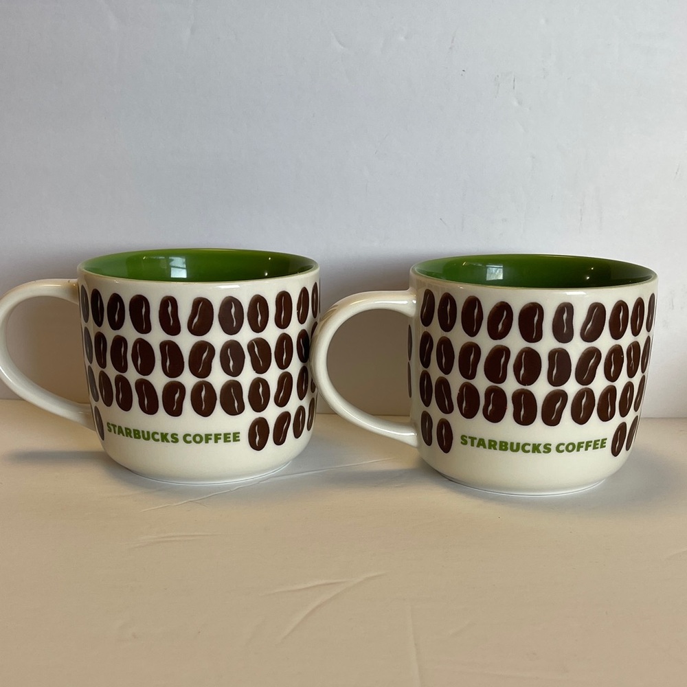 Starbucks Coffee Bean Mugs - Green and Brown Vintage Retired 15 Ounce (SET)